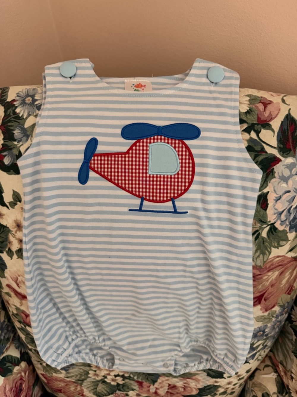Striped Blue & White Kids Bubble Romper with Red Helicopter Applique